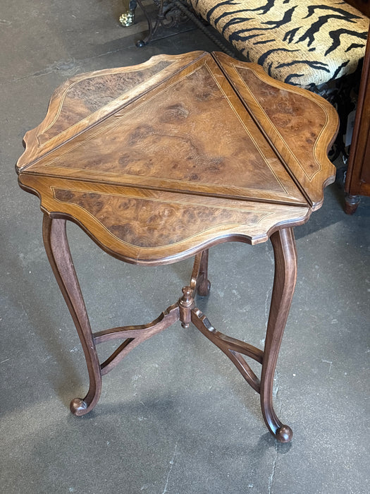 TRI-LEG BURL WOOD DROP LEAF TABLE