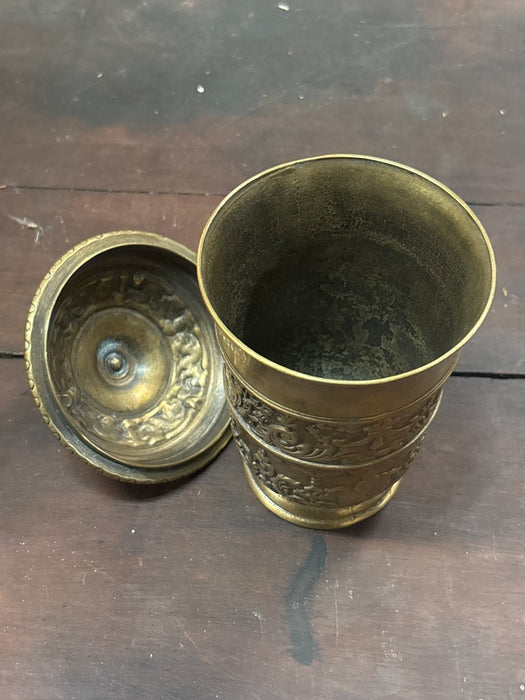 INDIAN BRASS CANNISTER WITH RELIEF