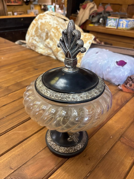 BLACK PLASTIQUE AND GLASS LIDDED COMPOTE