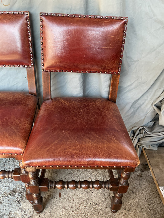 SET OF 6 RED LEATHER AND OAK TUDOR CHAIRS