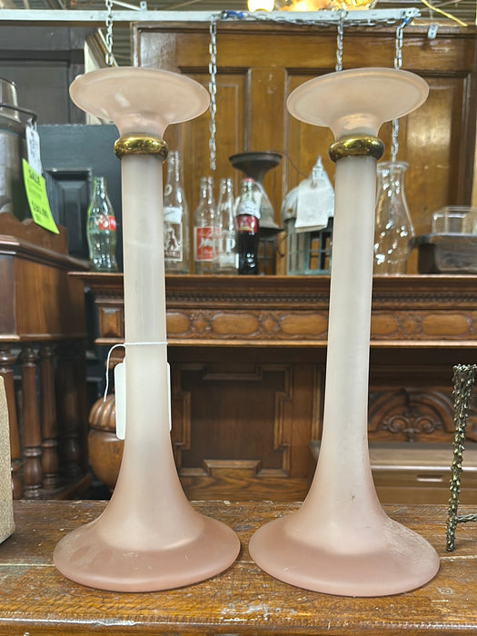 PAIR OF TALL PINK SATIN GLASS CANDLE STICKS
