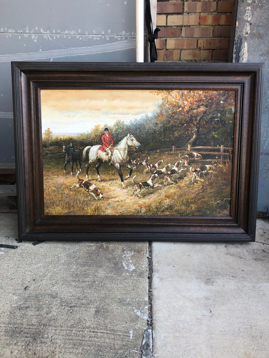 HUNTING SCENE MAN WITH A PACK OF DOGS