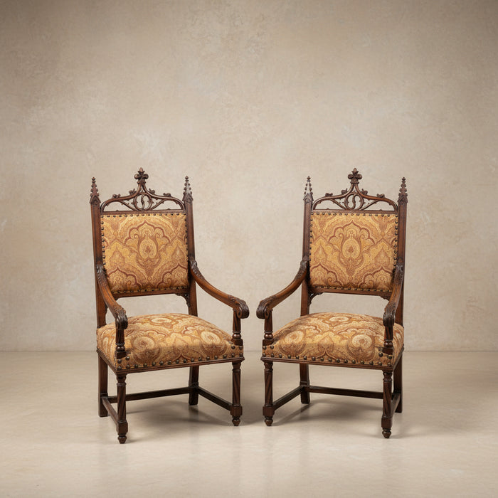 PAIR OF LARGE FRENCH GOTHIC WALNUT ARM CHAIR WITH FEATHER CARVED ARMS