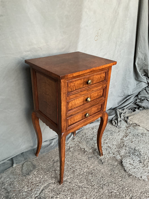 BURLED CABRIOLE LEG 3 DRAWER SMALL CHEST