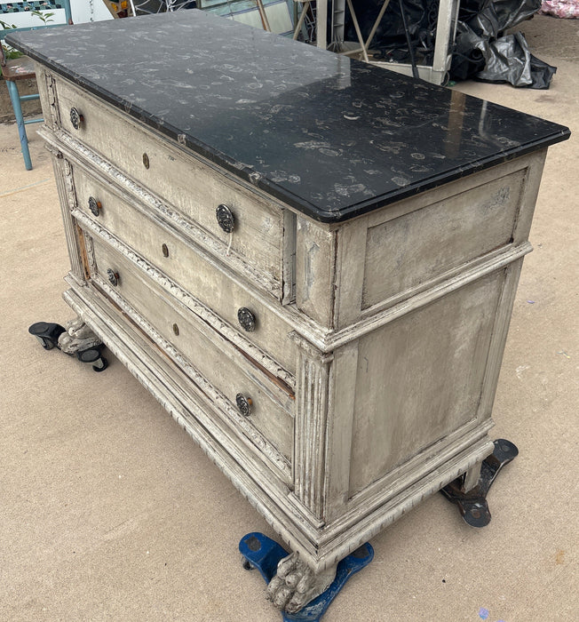 PAINTED 3 DRAWER CHEST WITH BLACK OYSTER MARBLE WITH PAW FEET