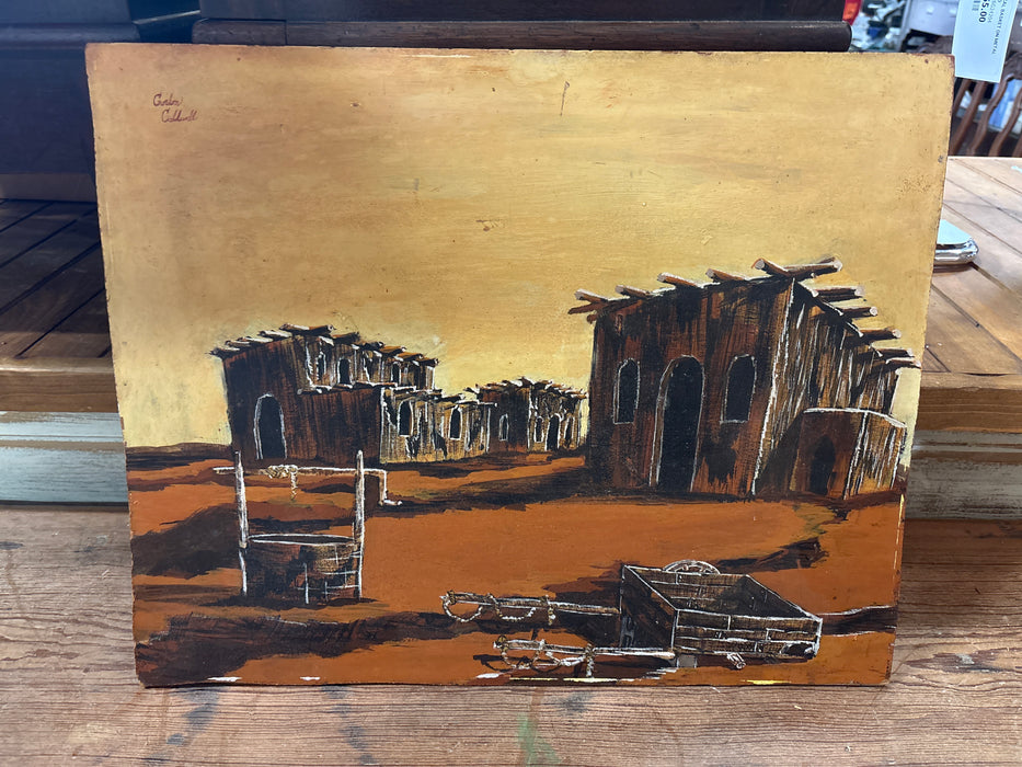 UNFRAMED OIL PAINTING OF DESERT VILLAGE AT SUNSET WITH WELL AND CART - SIGNED GORDON CALDWELL