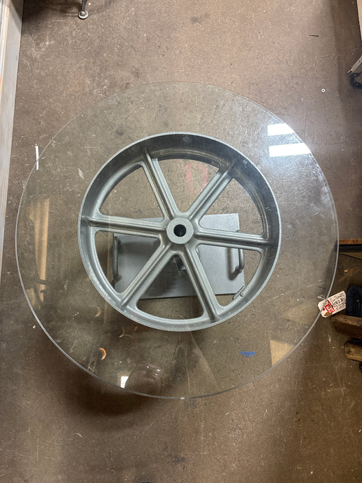 INDUSTRIAL METAL BASE COFFEE TABLE WITH ROUND GLASS TOP