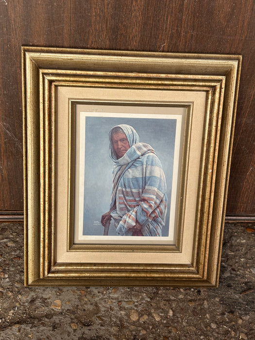 SMALL GOLD FRAMED PRINT OF OLD LADY - SIGNED JAMES FIELDS TAOS NEW MEXICO
