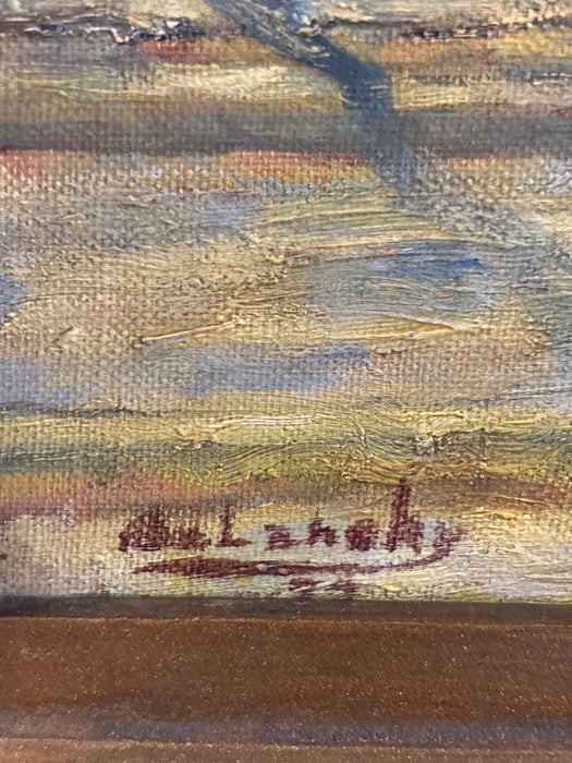 SMALL BROWN AND GREEN FRAMED IMPRESSIONIST STREET SCENE - SIGNED BALANCHY