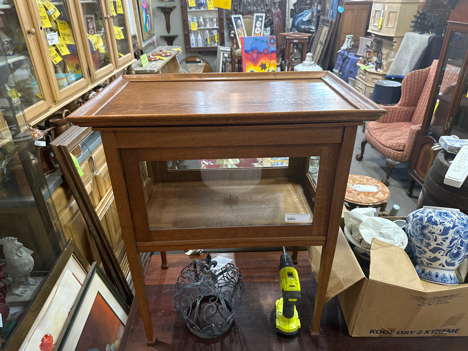 ENGLISH OAK TEA CABINET WITH CUT GLASS AND TRAY