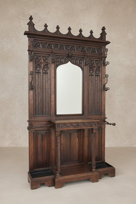GOTHIC REVIVAL CARVED OAK HALL TREE