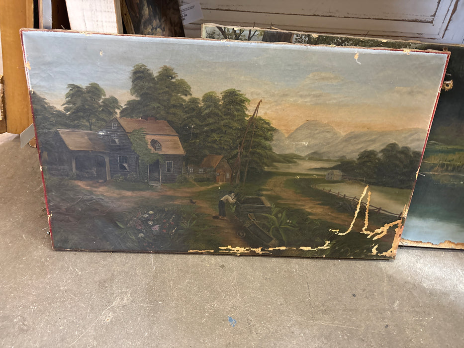 AS FOUND ANTIQUE OIL PAINTING UNFRAMED