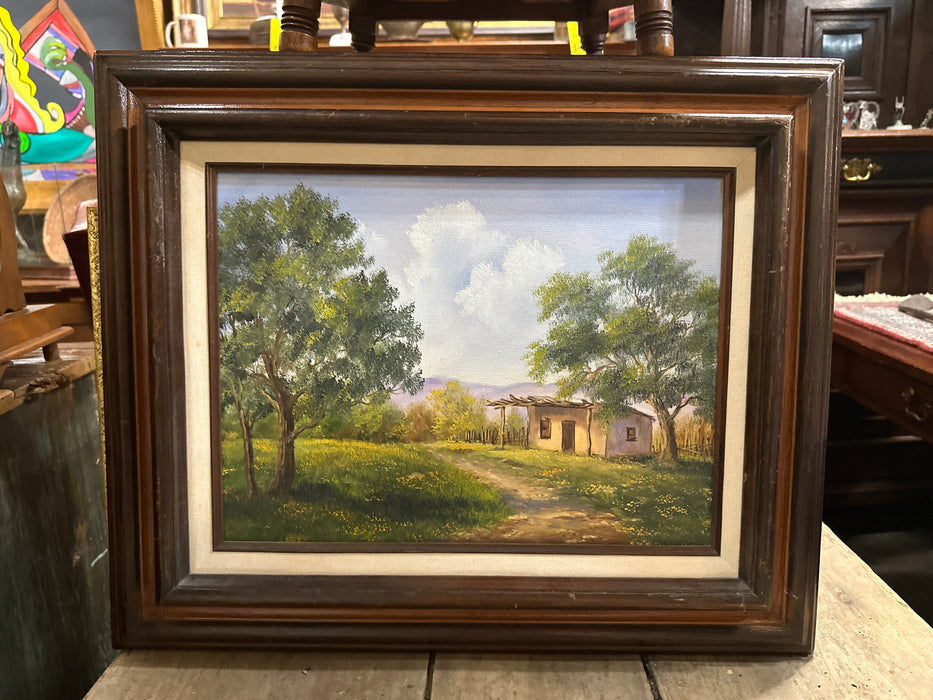 FRAMED LANDSCAPE OIL PAINTING WITH ADOBE HOUSE