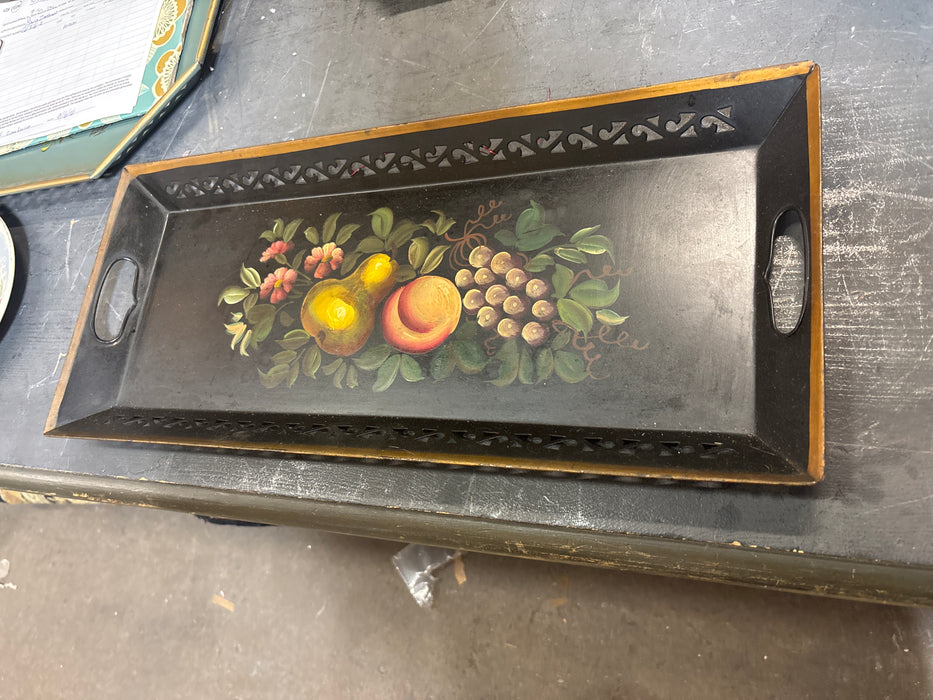 LONG BLACK AND GOLD FRUIT TOLE PAINTED TRAY