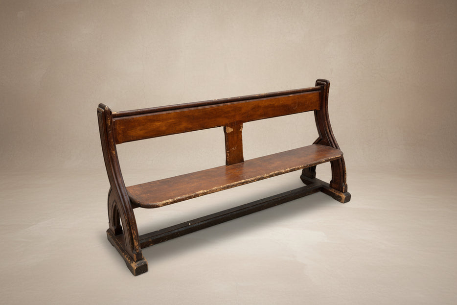 ANTIQUE BROWN PINE CHURCH PEW/BENCH WITH CURVED ENDS