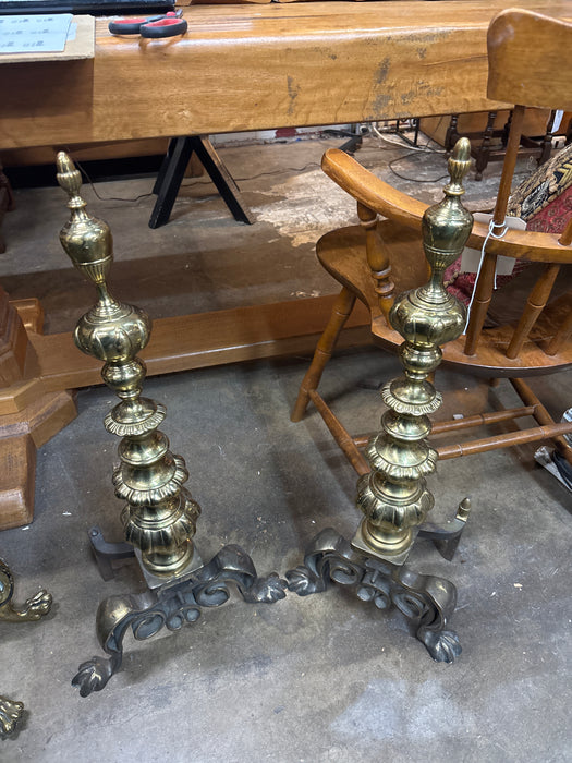 PAIR OF FANCY BRASS TURRET STYLE ANDIRONS