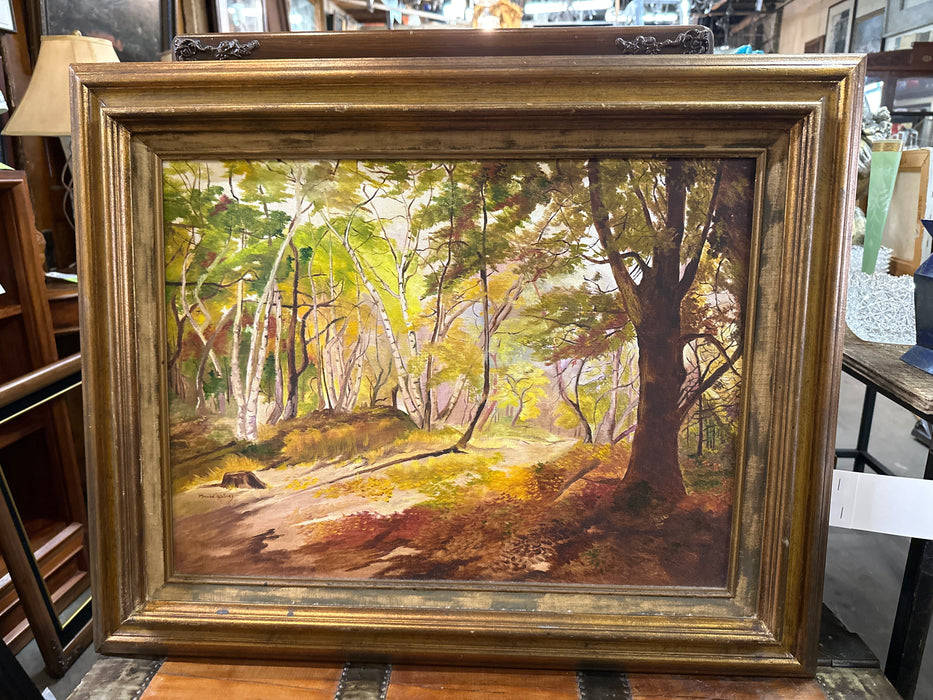 FRAMED IMPRESSIONIST SYLVAN OIL PAINTING WITH BIRCH BY MAUDE WATERS