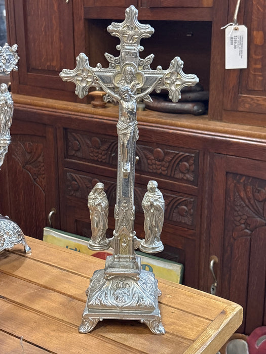 SILVER METAL CRUCIFIX WITH LADDER UNDER DOME