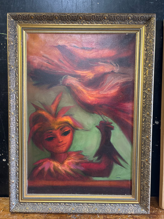 LARGE GILT FRAMED IMPRESSIONIST PAINTING OF YOUNG BIRD TAMER SIGNED BY 4 NAVARRO