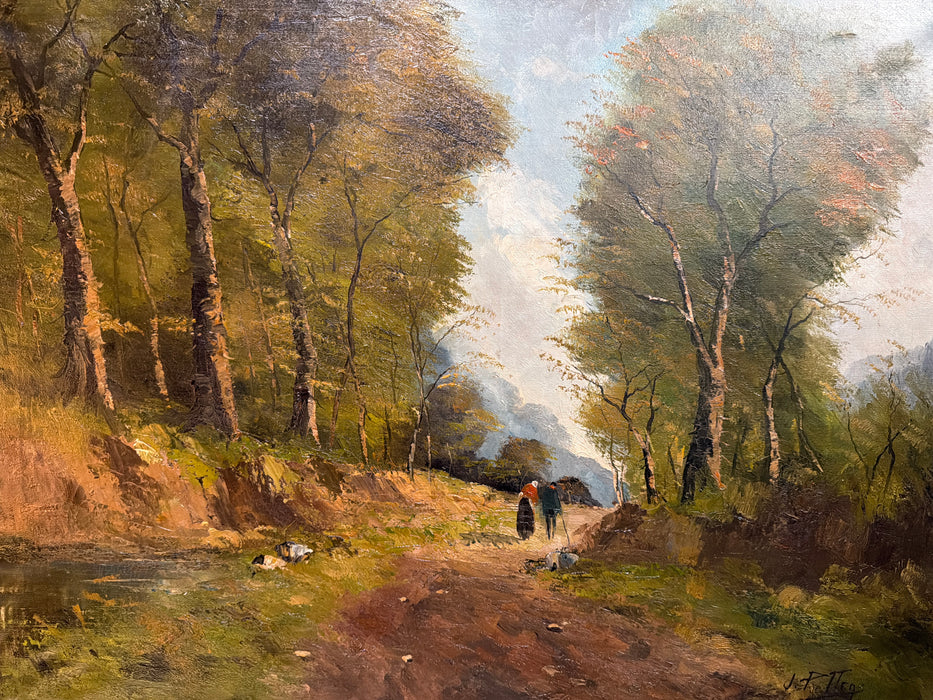 ORNATELY FRAMED LANDSCAPE OIL PAINTING WITH COUPLE ON PATH