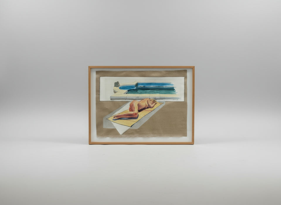 FRAMED WATER COLOR OF NUDE SUN BATHER SIGNED JOHN NOVA