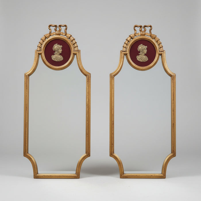 PAIR OF ANTIQUE GILT FRAMED TRUMEAU MIRRORS WITH PORTRAITS