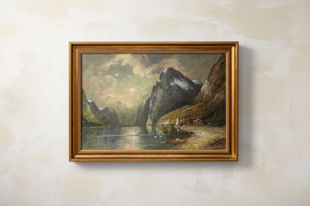 FRAMED IMPRESSIONIST OIL PAINTING OF A MOON LIT FJORD
