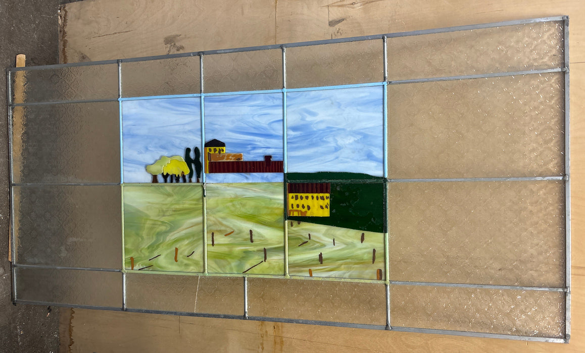 UNFRAMED STAINED GLASS WINDOW WITH LANDSCAPES