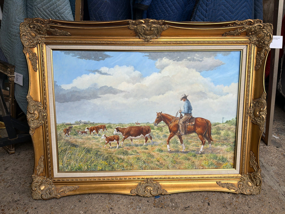 COWBOY AND HERD ON DIRT ROAD OIL PAINTING BY BETTY ROSE