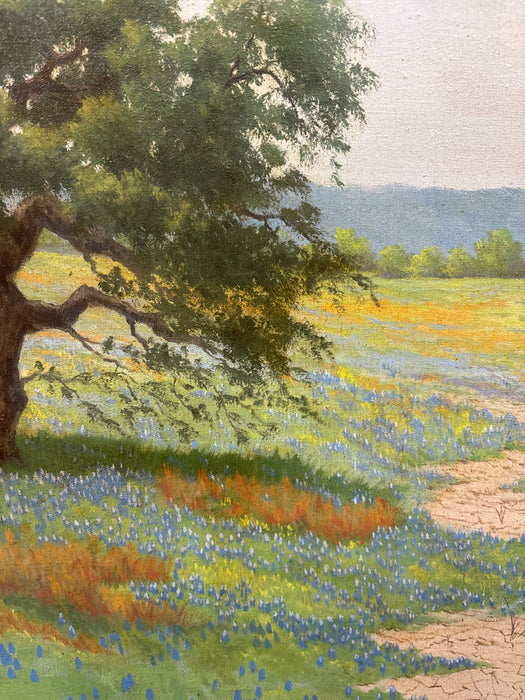 FRAMED BLUEBONNET LANDSCAPE COPY OIL PAINTING - SIGNED PORFIRO SOLINOS