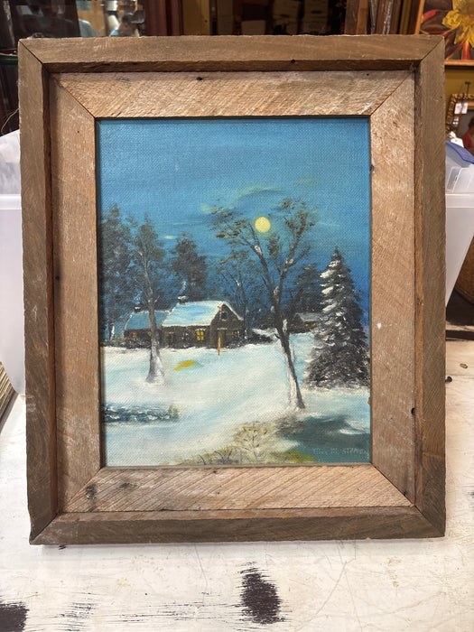 RUSTIC BARNWOOD FRAMED PRIMITIVE WINTER LANDSCAPE WITH WOOD CABIN OIL PAINTING ON BOARD - SIGNED