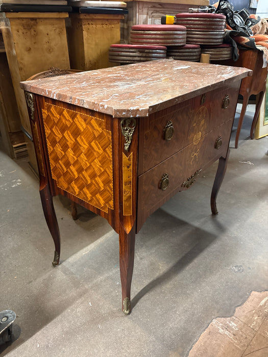 RED MARBLE TOP MARQUETRY CHEST OF DRAWERS