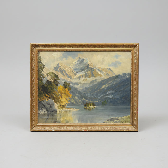 GILT FRAMED MOUNTAIN SCENE OIL PAINTING WITH LAKE - SIGNED
