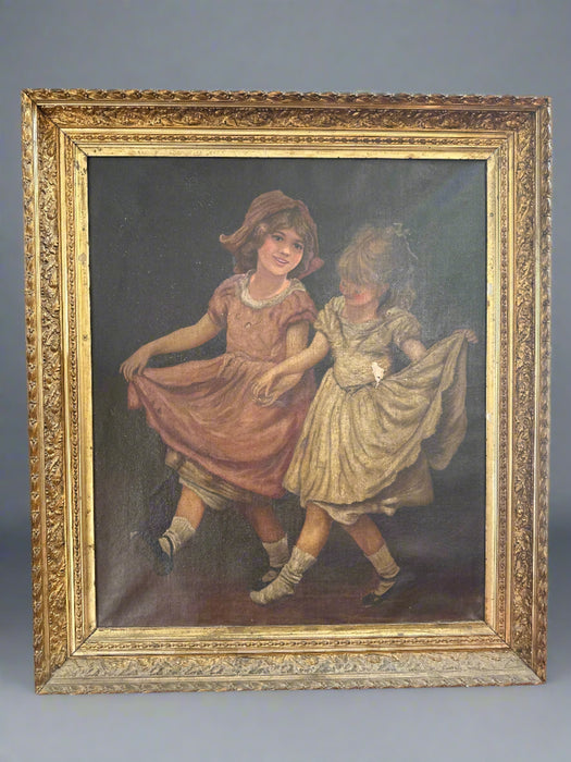 ORNATE  FRAMED OIL PAINTNG OF 2 GIRLS AS FOUND