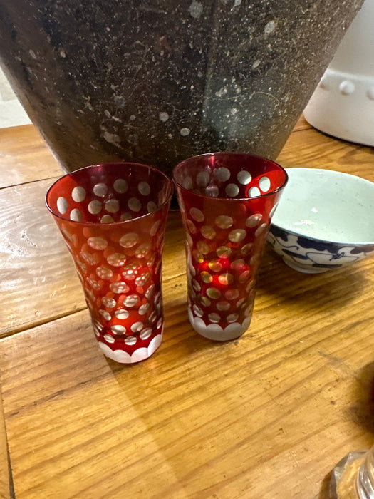 PAIR OF RUBY CUT TO CLEAR VOTIVES
