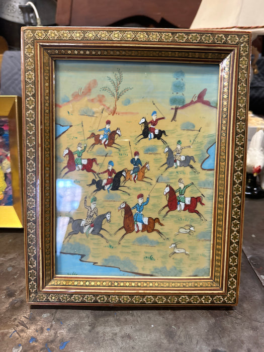 PERISAN HORSEMEN PAINTING IN INLAID FRAME