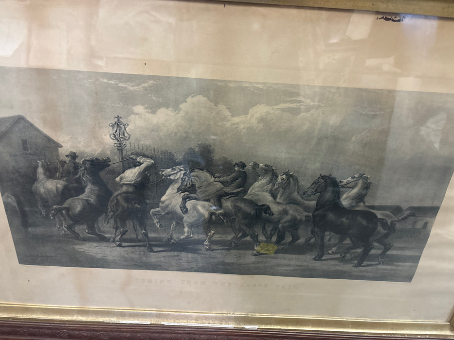 LARGE FRAMED WESTERN ENGRAVING "COMING FROM THE HORSE FAIR" - SIGNED ROSA BONHEUR 1873