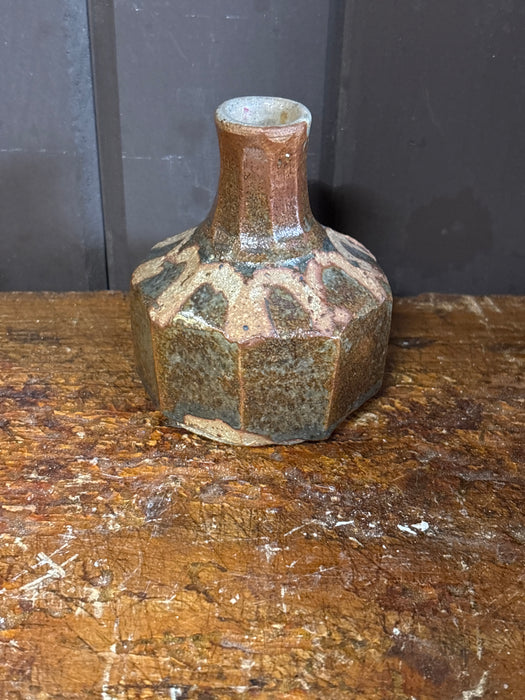 TINY HAND THROWN BROWN AND GREEN VASE - SIGNED