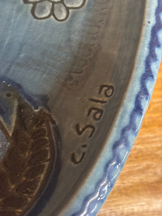 LARGE HAND THROWN BLUE BOWL - SIGNED C. SALA