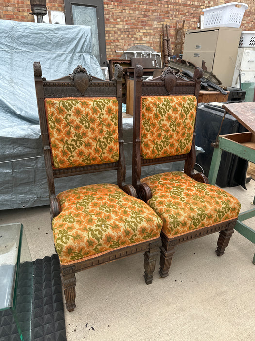 PAIR OF CARVED WOOD UPHOLSTERED CHAIRS