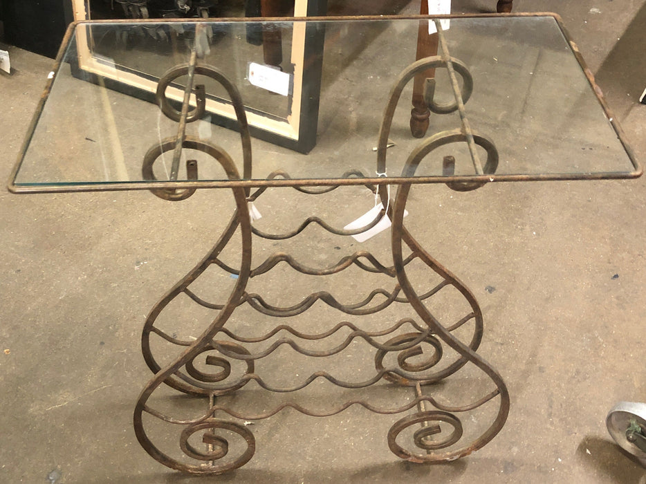 WROUGHT IRON WINE RACK CONSOLE W/ GLASS TOP