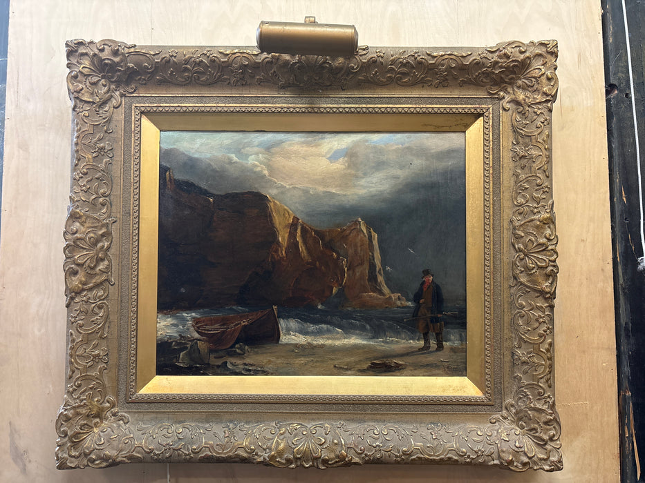 DARK GOLD FRAMED 19TH CENTURY SEASHORE OIL PAINTING ON CANVAS - AS FOUND