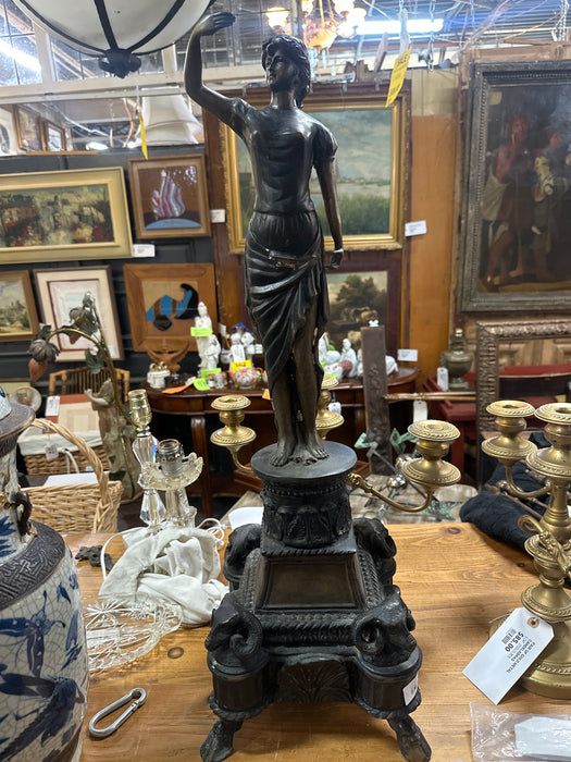 LARGE BRONZE OF LADY ON BASE WITH RAMS