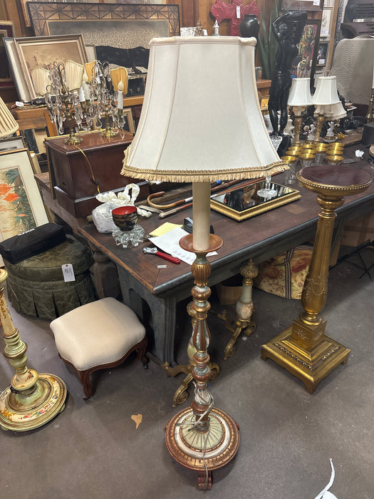 PAINTED GREEN, GOLD AND RED POLYCHROME WOOD CANDLE FLOOR LAMP