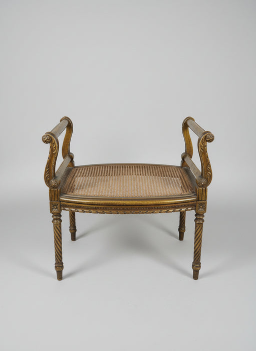 AS FOUND NEEDS GLUING GREEN PAINTED SCROLL ARM BENCH WITH CANING