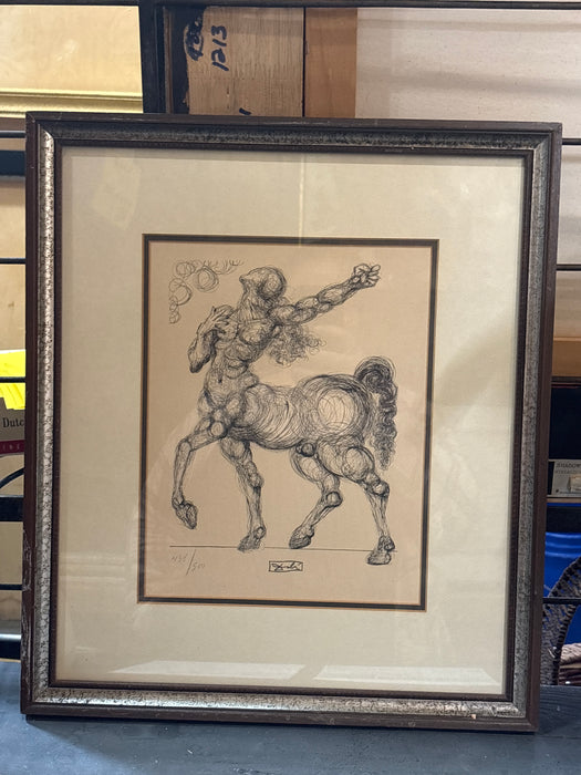 SILVER FRAMED CENTAUR ANATOMY DRAWING BY DALI D'APRES WITH AUTHORITIZATION CERTIFICATE 436/500