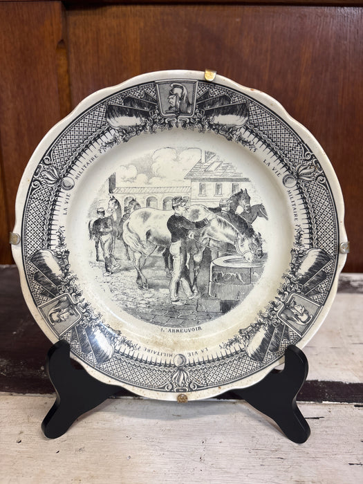 SMALL FRENCH SARREGUEMINES TRANSFERWARE MILITARY PLATE OF HORSES DRINKING WATER “L’ ABREUVOIR”