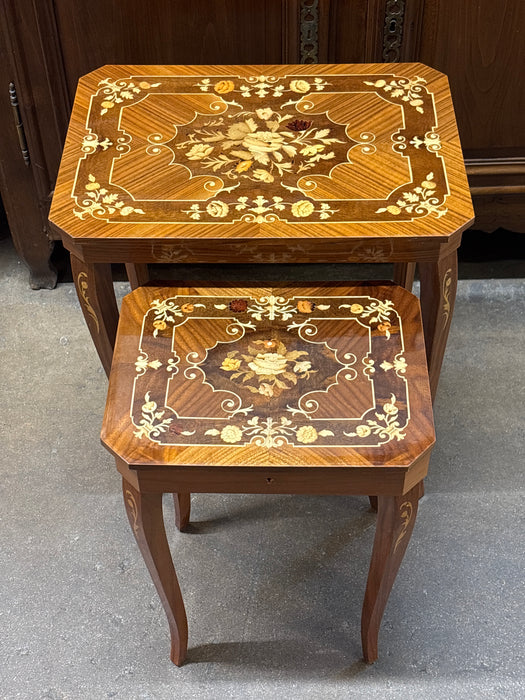 PAIR OF FLORAL ITALIAN NESTING TABLES WITH INLAY