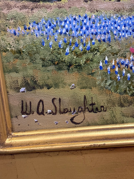GOLD FRAMED BLUE BONNET OIL PAINTING ON CANVAS - SIGNED WILLIAM SLAUGHTER