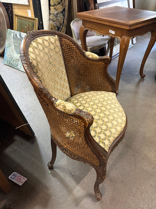 CARVED OAK BERGERE CHAIR - AS FOUND